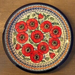 Polish Pottery Bursts of Red #P7258A 10 CM Dinner Plate Made In Poland Set of 7